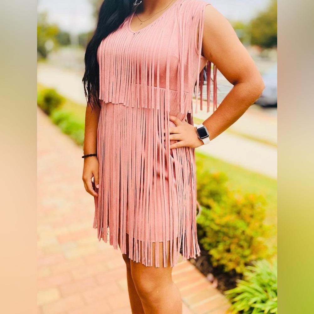 Pink suede fringe dress size small. Never worn except to try on